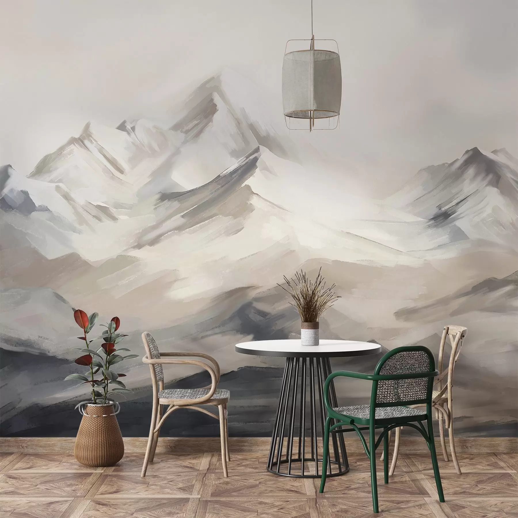 Fototapete Berge Landschaft mit hellem Himmel, Pinselstriche, neutrale beige und graue Farben, Bergkette w08980