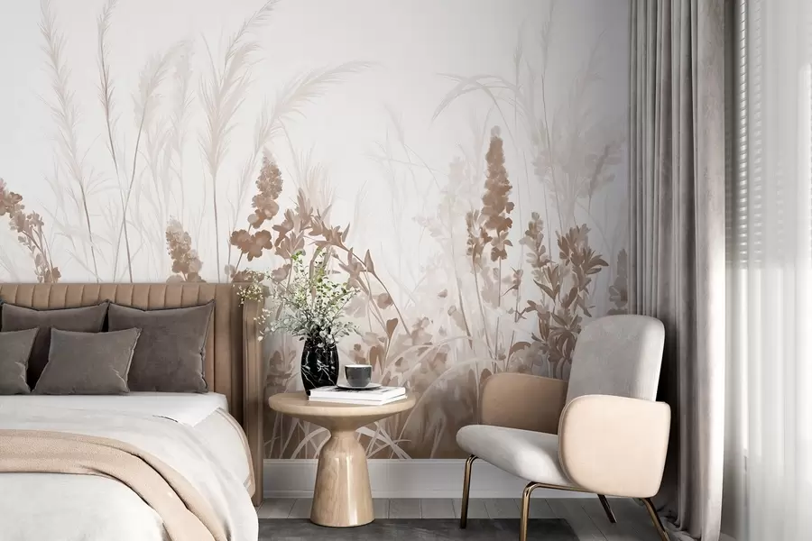 Fototapete Braune Blumen und beige Schilf in einem Feld, minimalistische Malerei Textur, hellen Hintergrund, weiche Farben, zarte Pinselstriche w08982v1