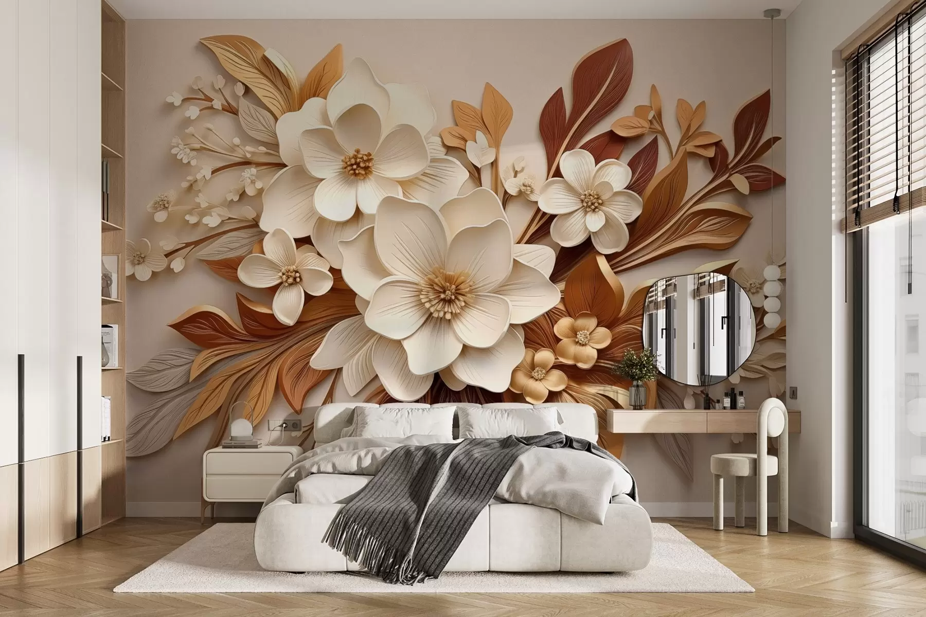 Fototapete 3D-Blumen mit Blättern im Origami-Stil in Beigetönen w08984
