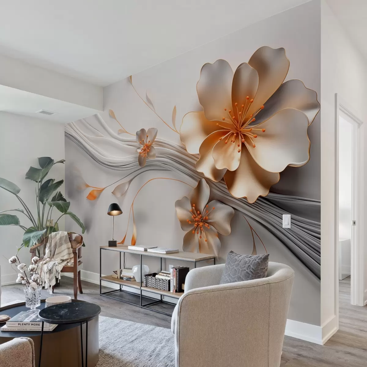 Fototapete Eine orangefarbene Blume auf einem grauen abstrakten Hintergrund w09004