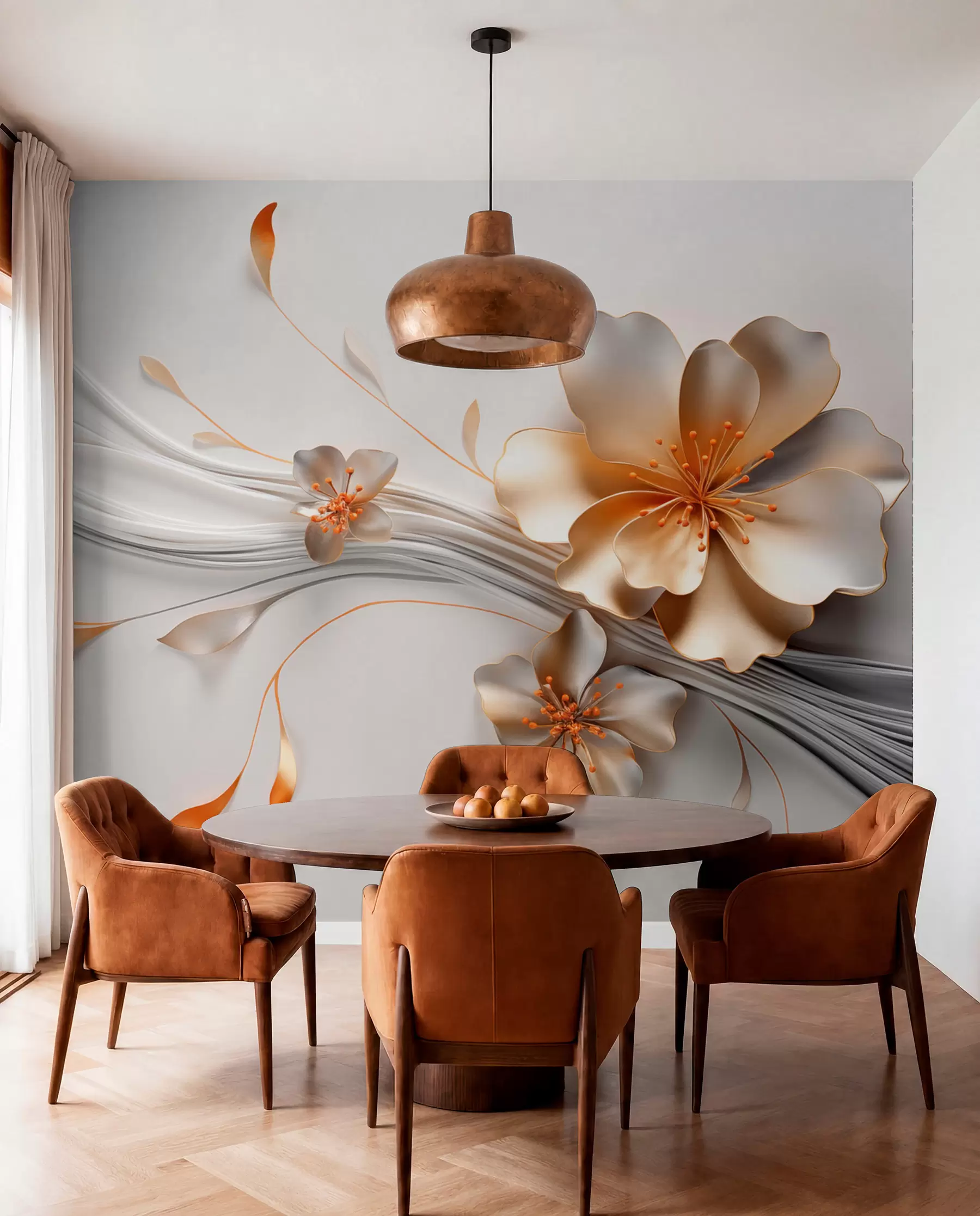 Fototapete Eine orangefarbene Blume auf einem grauen abstrakten Hintergrund w09004