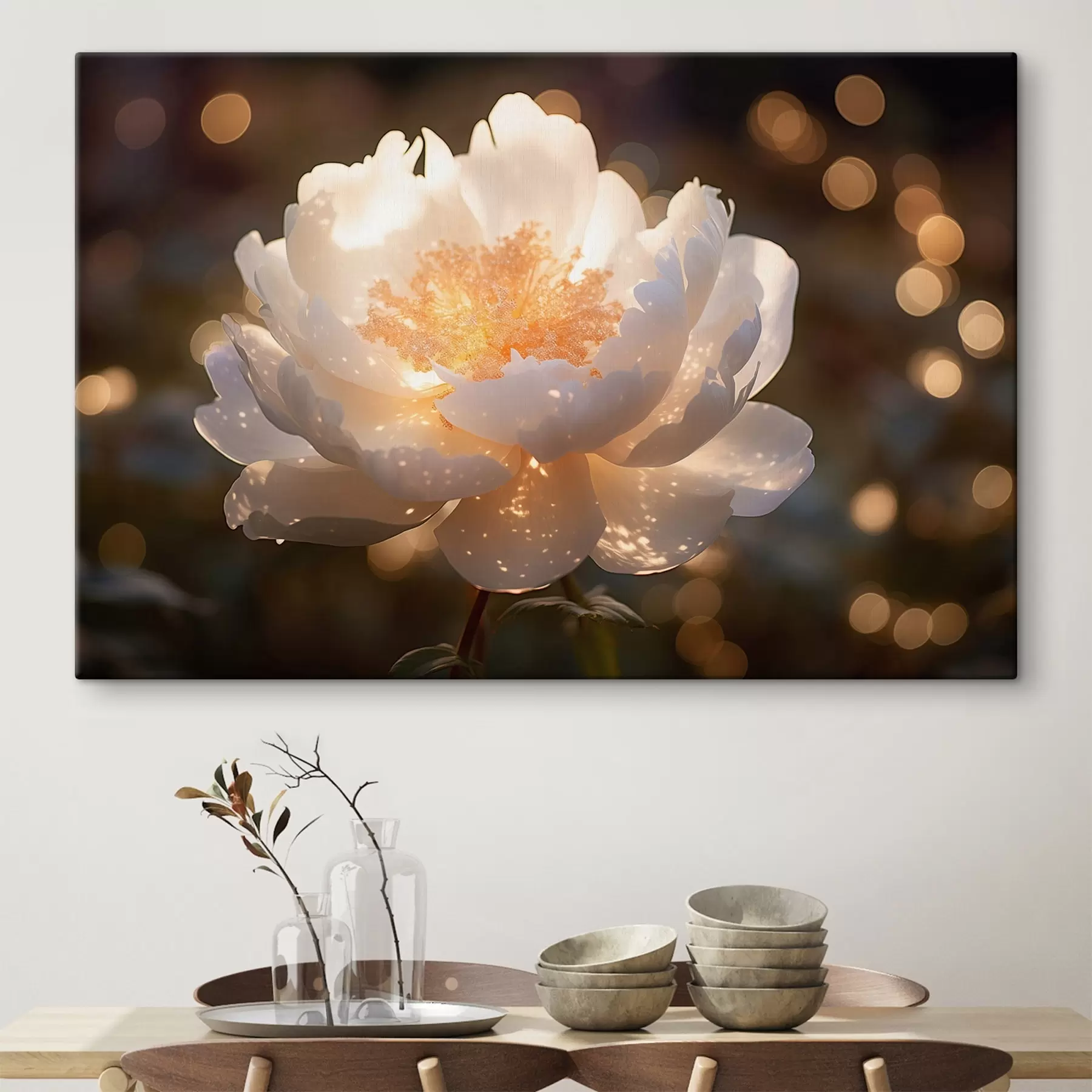 Wandbilder Weiße Blume mit leuchtender Mitte s43949