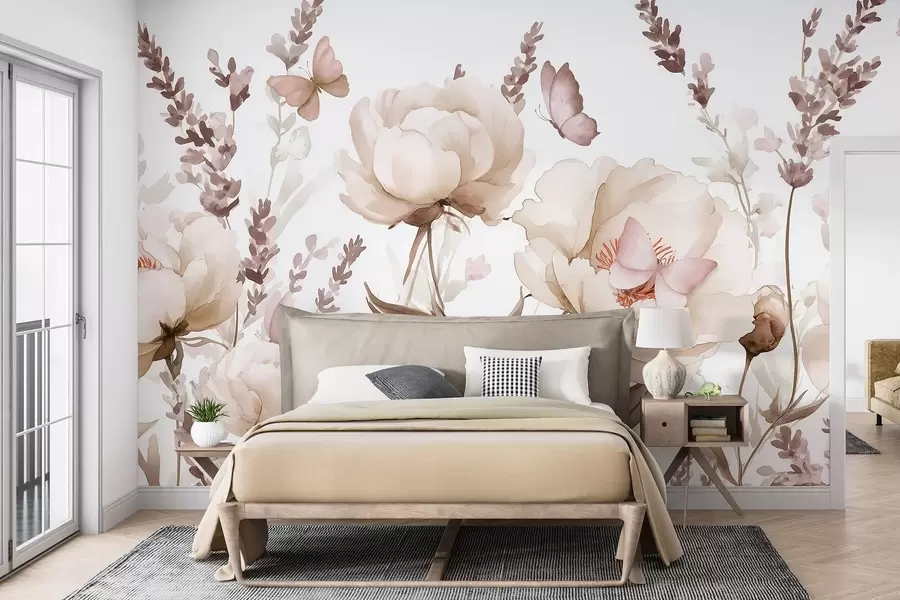 Fototapete Blumenwiese, Pfingstrosen, Lavendel, Schmetterlinge, Aquarellstil, beige Farben w03668v2