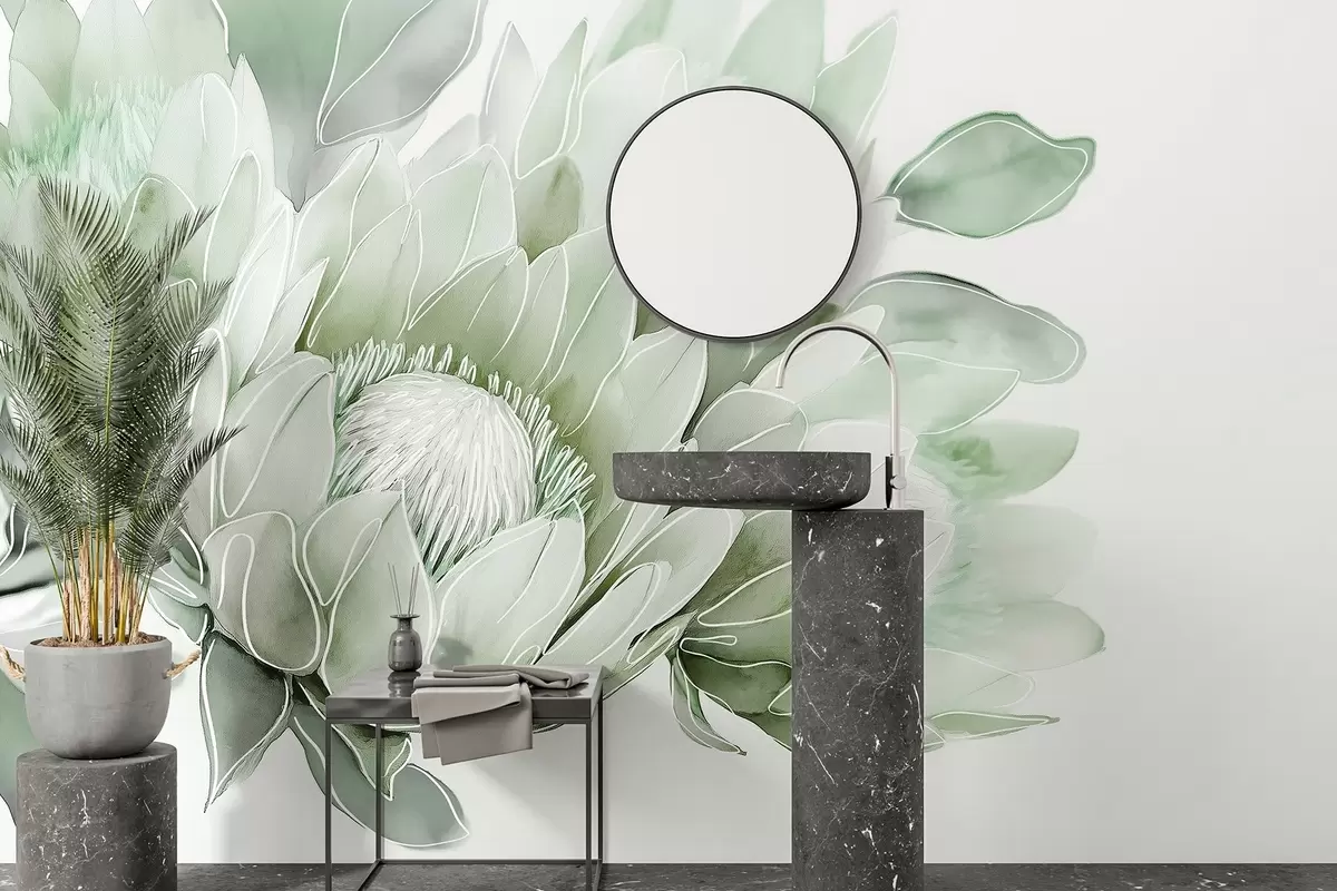 Fototapete Schöne Protea Blumen, Strichzeichnung, tropische, grüne Farben w03669v2