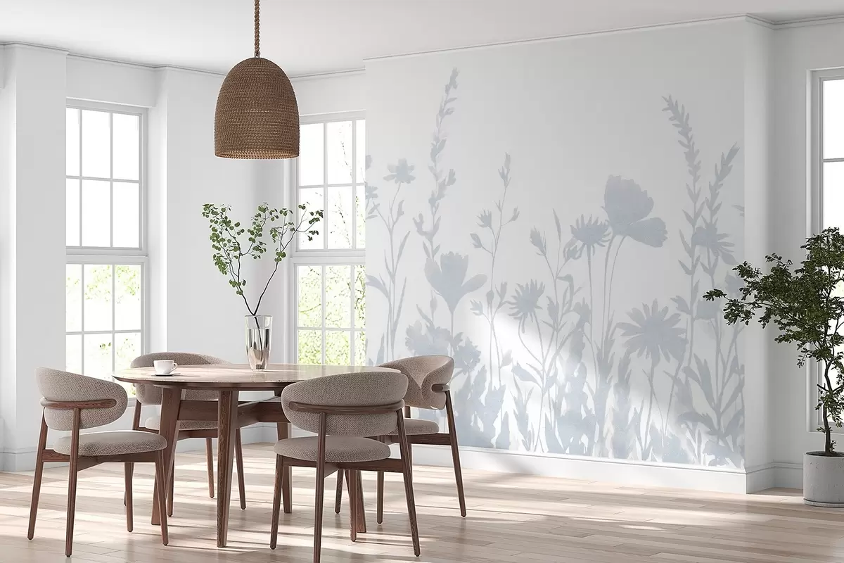 Fototapete Sommerwiese, rustikal, Blumen, blaue Farbpalette w03670v1