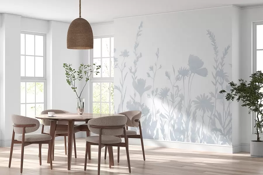 Fototapete Sommerwiese, rustikal, Blumen, blaue Farbpalette w03670v1