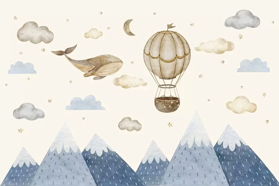 Fototapete Luftballon, niedlicher Wal, Sternenhimmel, Berge, Aquarell, blaue und beige Farben w03672