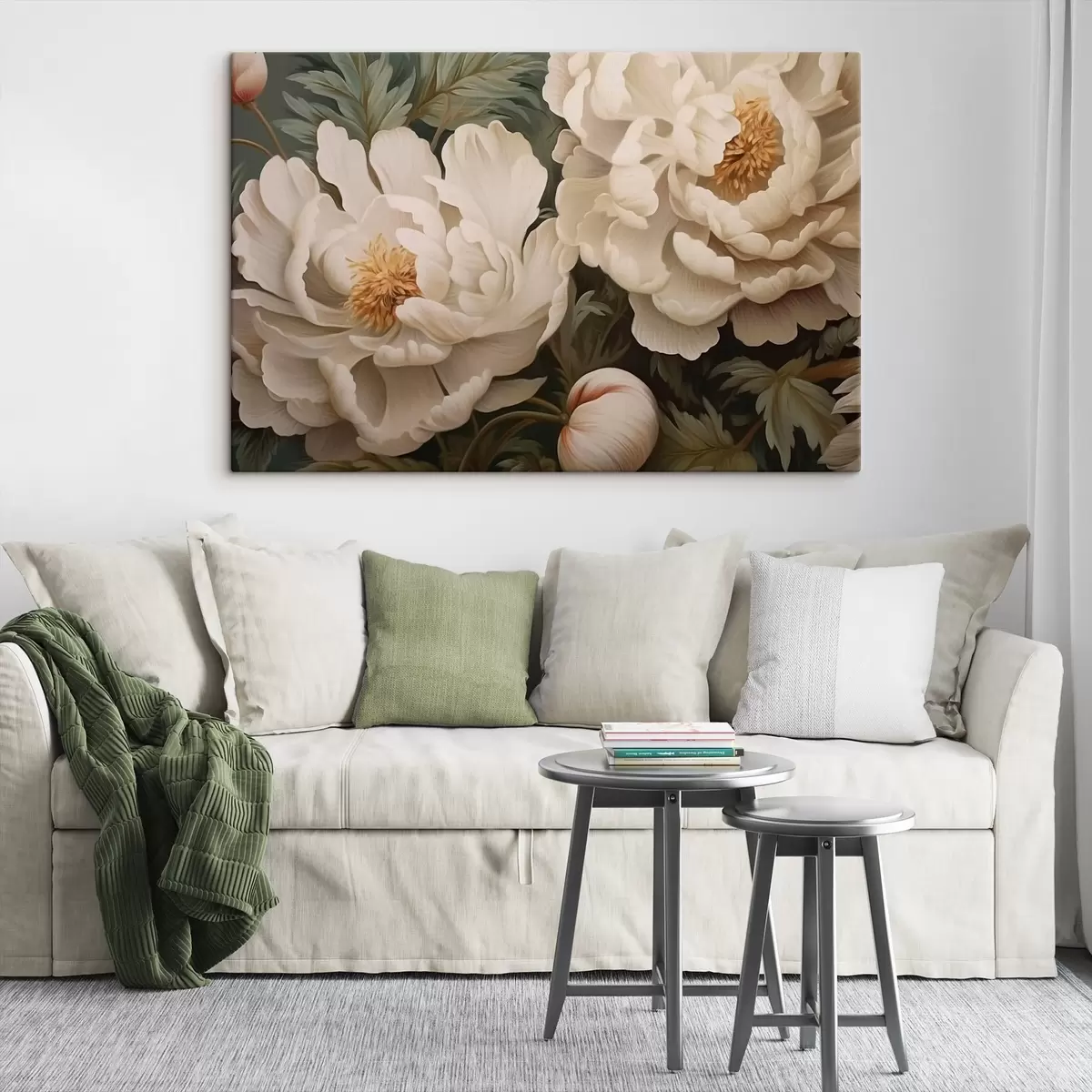 Wandbilder Cremefarbene Pfingstrosen zwischen grünen Blättern s43991