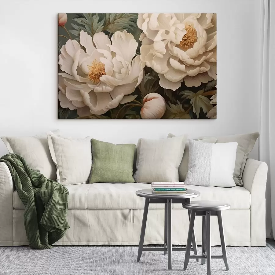 Wandbilder Cremefarbene Pfingstrosen zwischen grünen Blättern s43991