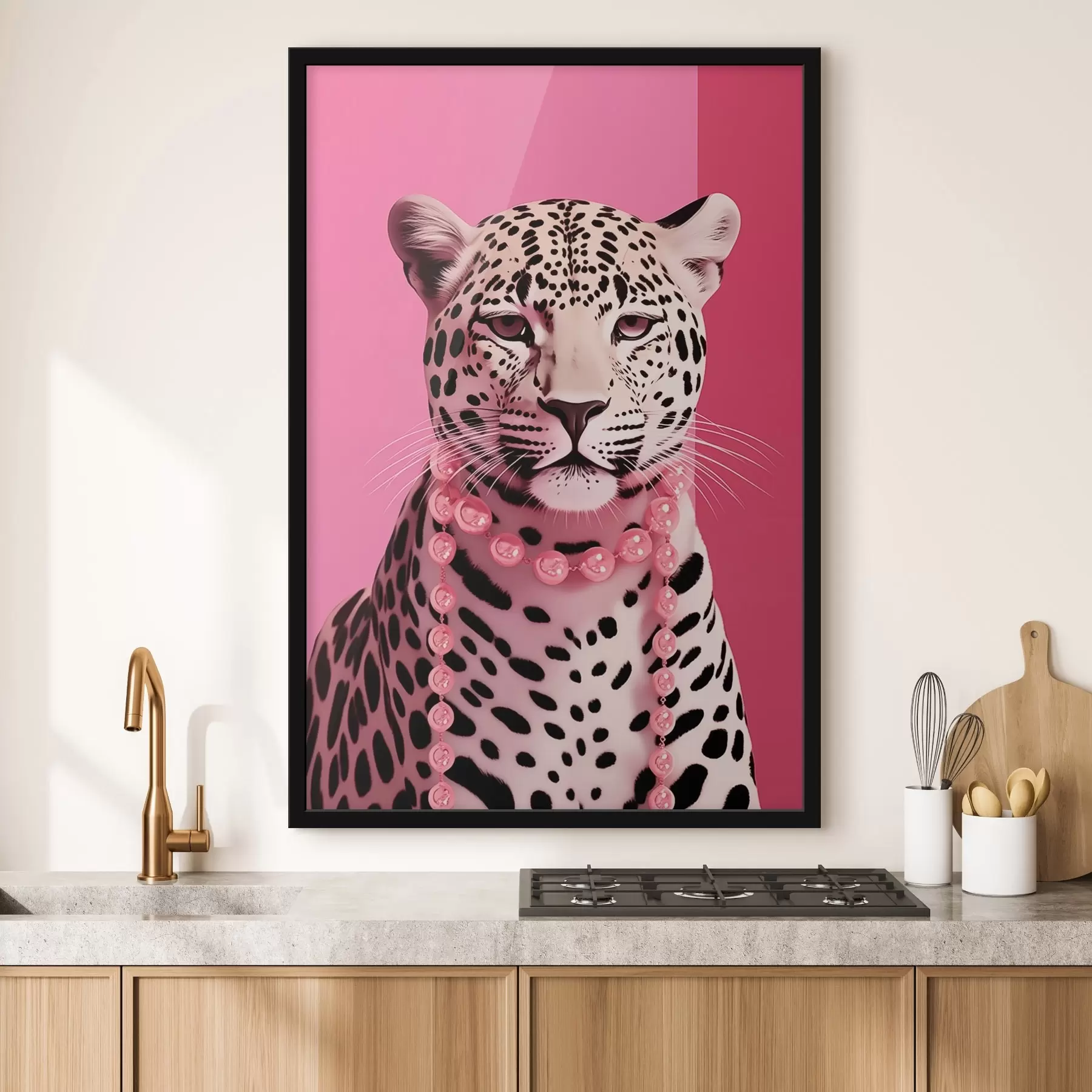 Wandbilder Porträt eines Leoparden mit rosa Halskette f43976