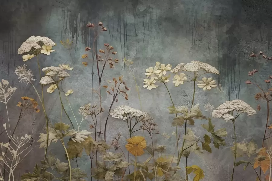 Fototapete Wilde Blumen und Gräser auf dem Hintergrund der Grunge-Wand w03697