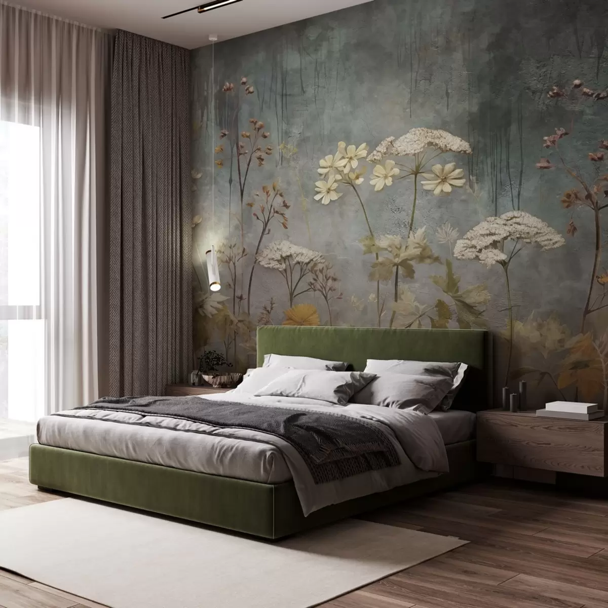 Fototapete Wilde Blumen und Gräser auf dem Hintergrund der Grunge-Wand w03697