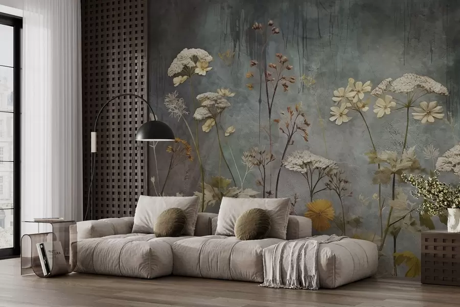 Fototapete Wilde Blumen und Gräser auf dem Hintergrund der Grunge-Wand w03697