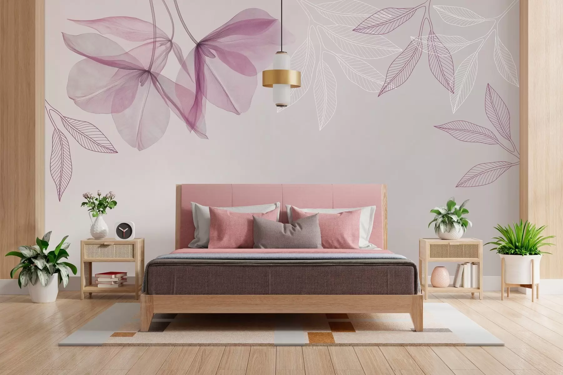 Fototapete zarte durchscheinende Blüten und Blätter in Violetttönen w03616v4