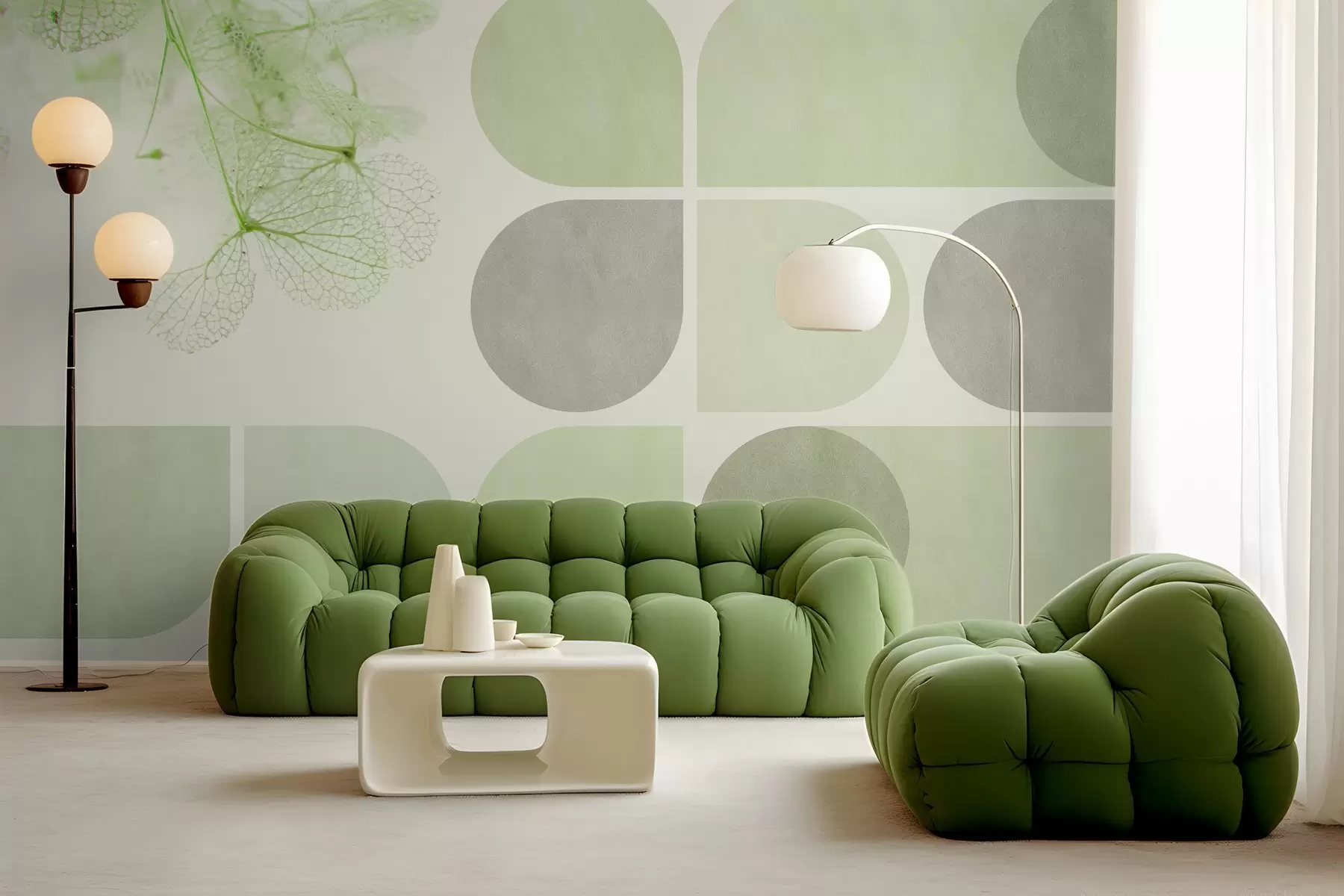 Fototapete geometrische und getrocknete Blumen mit Adern in Grüntönen w03617v1