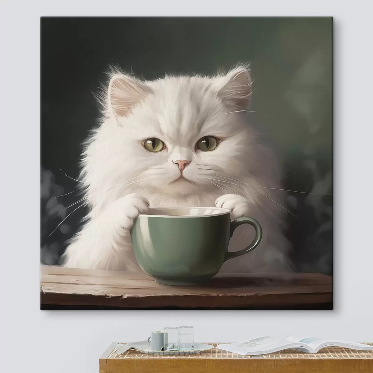 Wandbilder Weiße Katze mit grüner Tasse s44032