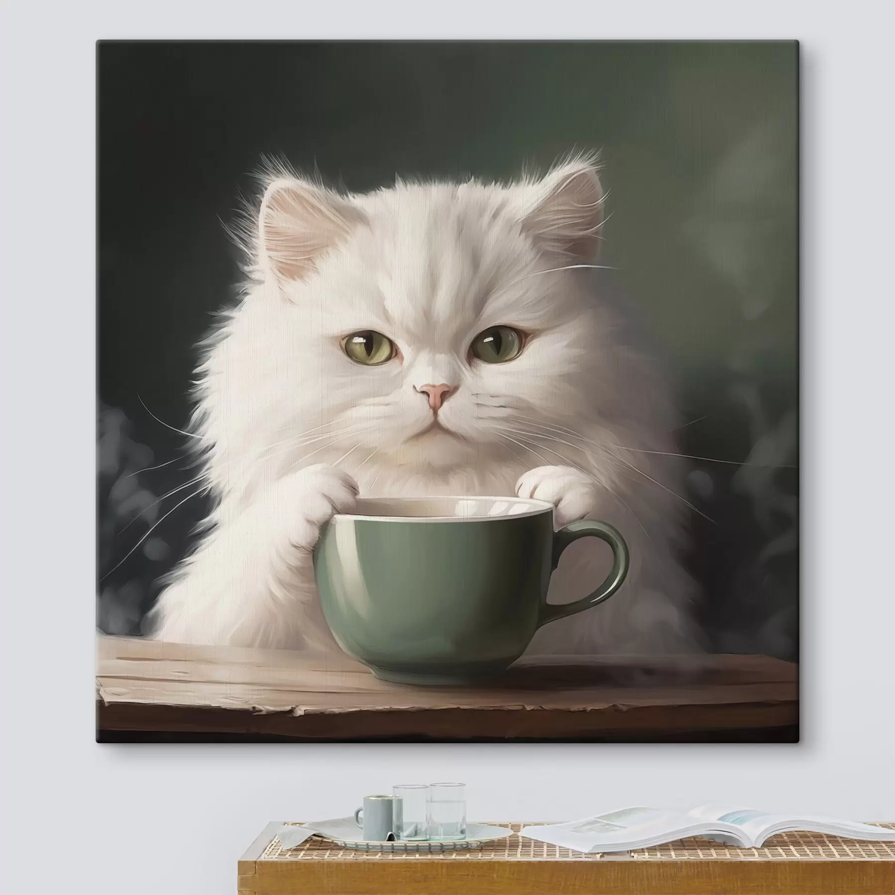 Wandbilder Weiße Katze mit grüner Tasse s44032