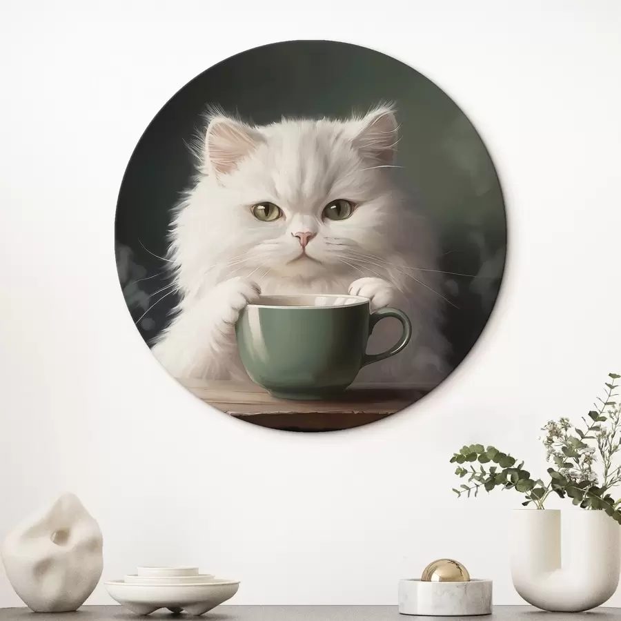 Wandbilder Weiße Katze mit grüner Tasse r44032