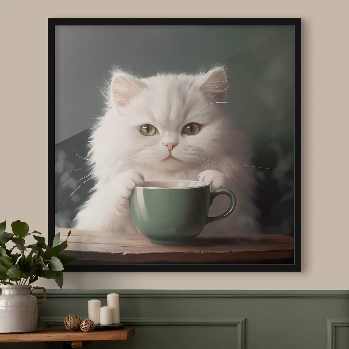 Poster Weiße Katze mit grüner Tasse f44032
