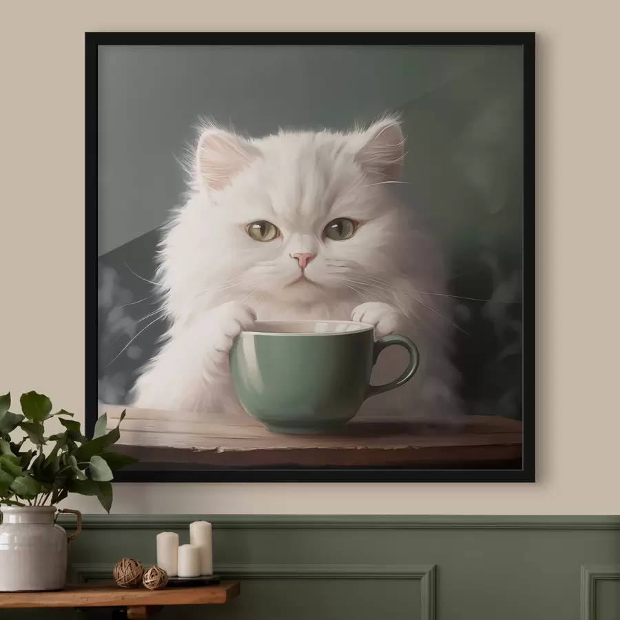 Fototapete Weiße Katze mit grüner Tasse f44032