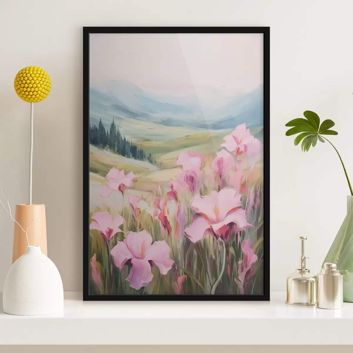 Poster Schwertlilien vor der Kulisse der Berge f44039