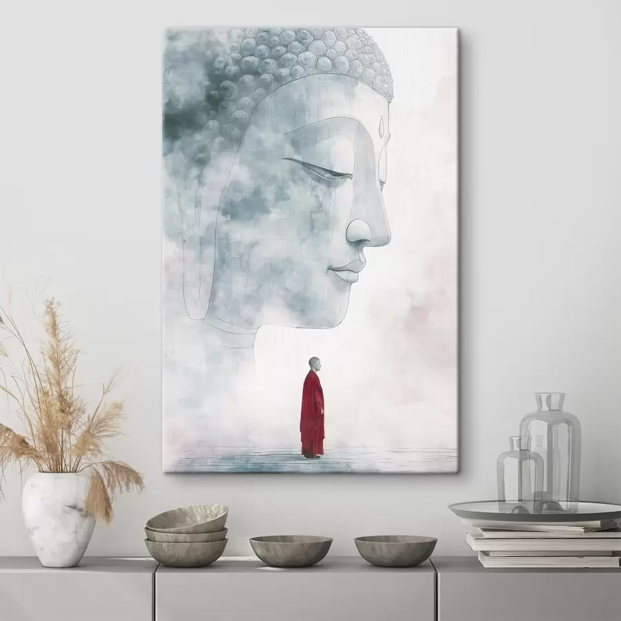 Wandbilder Buddhistischer Mönch in roter Robe, Buddha-Silhouette, Aquarellstil s44006