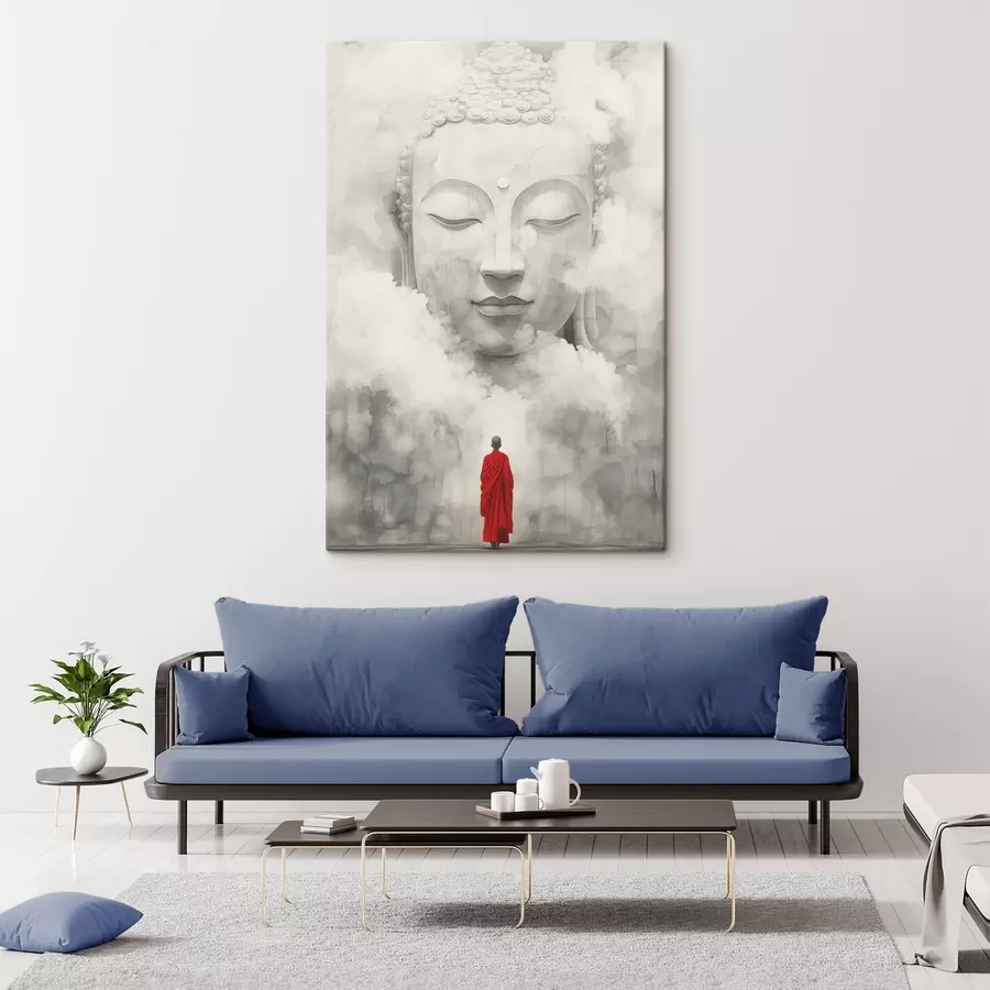 Wandbilder Buddhismus, Mönch in der roten Robe, Nebel, Aquarellstil s44007