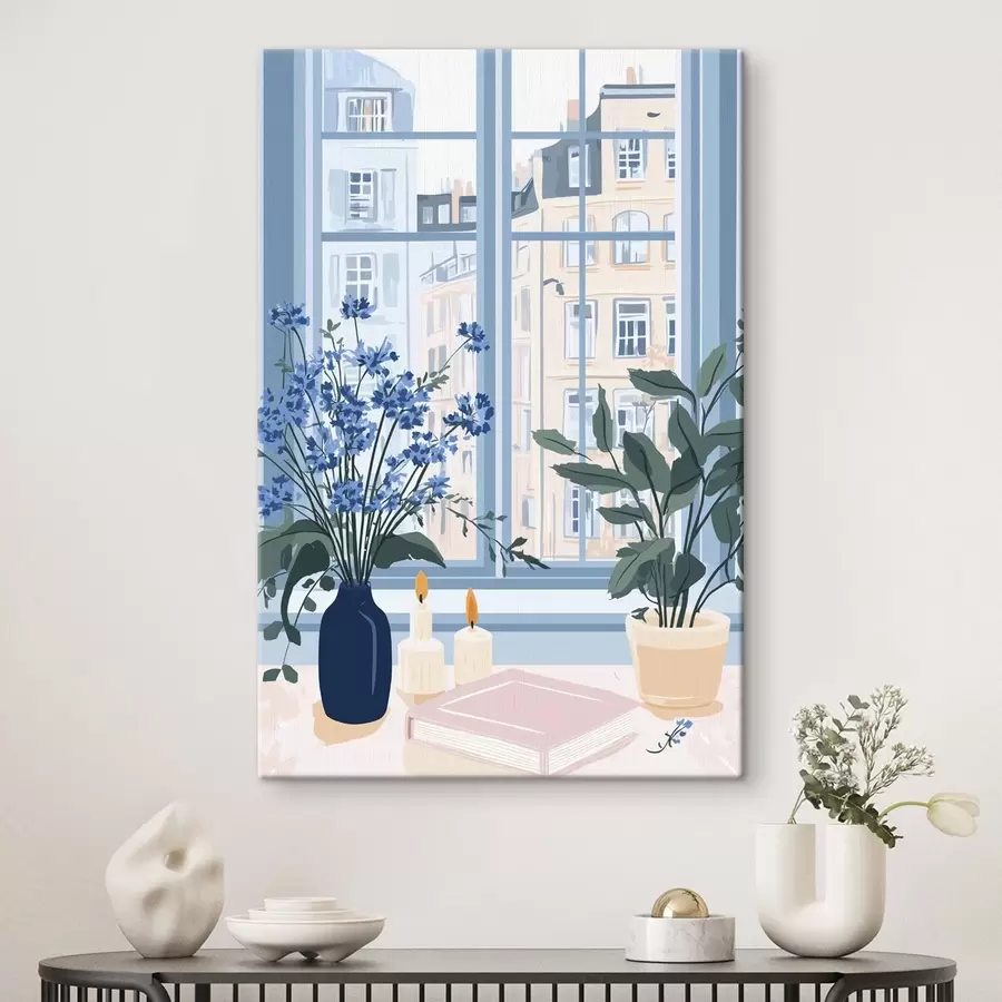 Wandbilder Gemütliches Haus mit Blumen und Fensterblick, Architektur, blaue Farben s44010