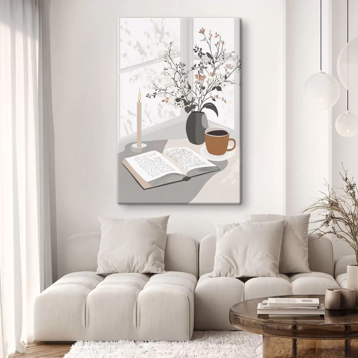 Wandbilder Abstraktion, offenes Buch, Vase mit Blumen, Kerze, beige Farben s44011