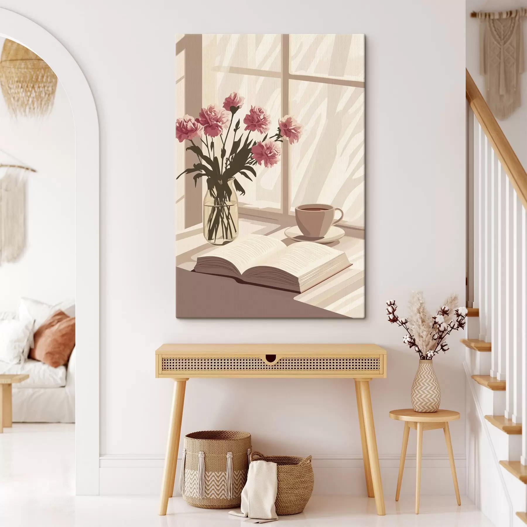 Wandbilder Morgenästhetik, Tasse Kaffee, Buch, Nelkenblüten s44012