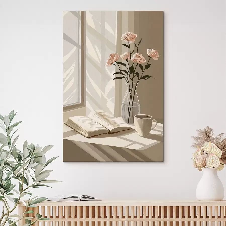 Wandbilder Gemütlicher Morgen mit Kaffee und Buch, rosa Blumen, Abstraktion s44013