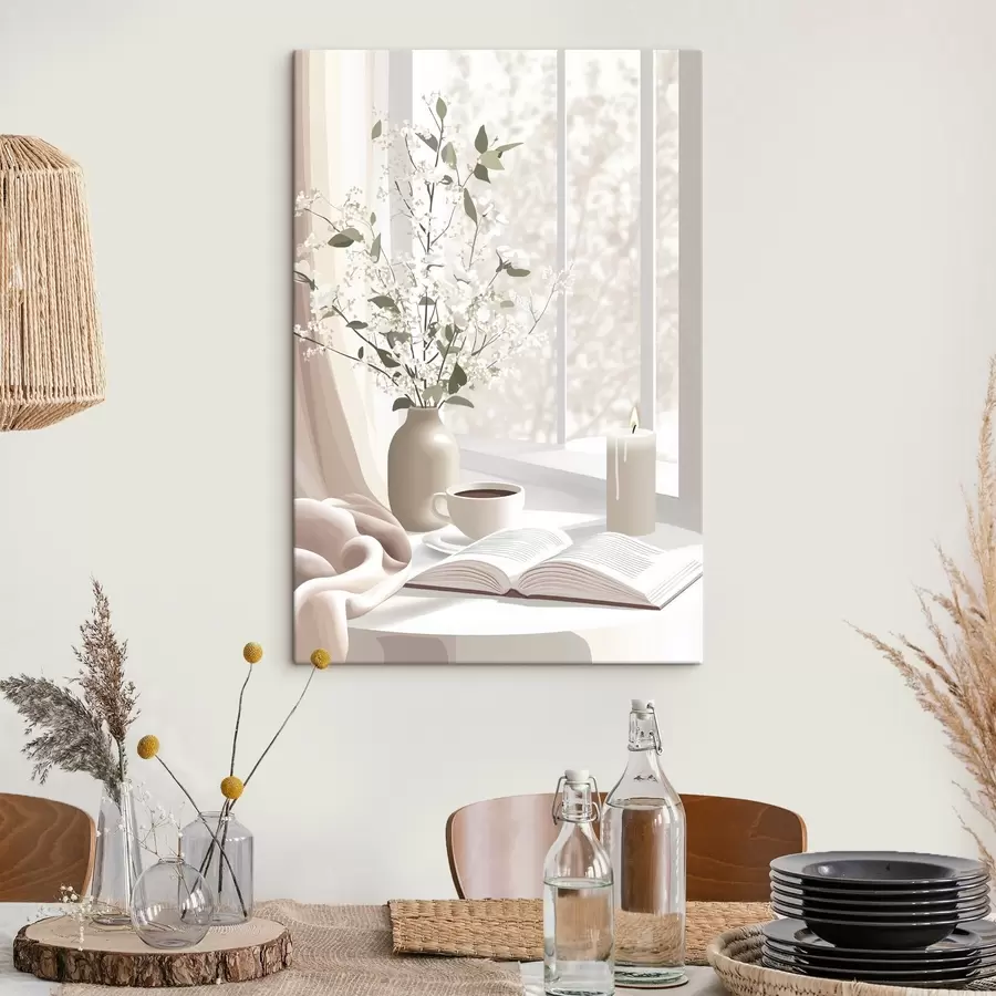 Wandbilder Frühlingsmorgen mit Kaffee und Blumen, zarte Pastellfarben s44015