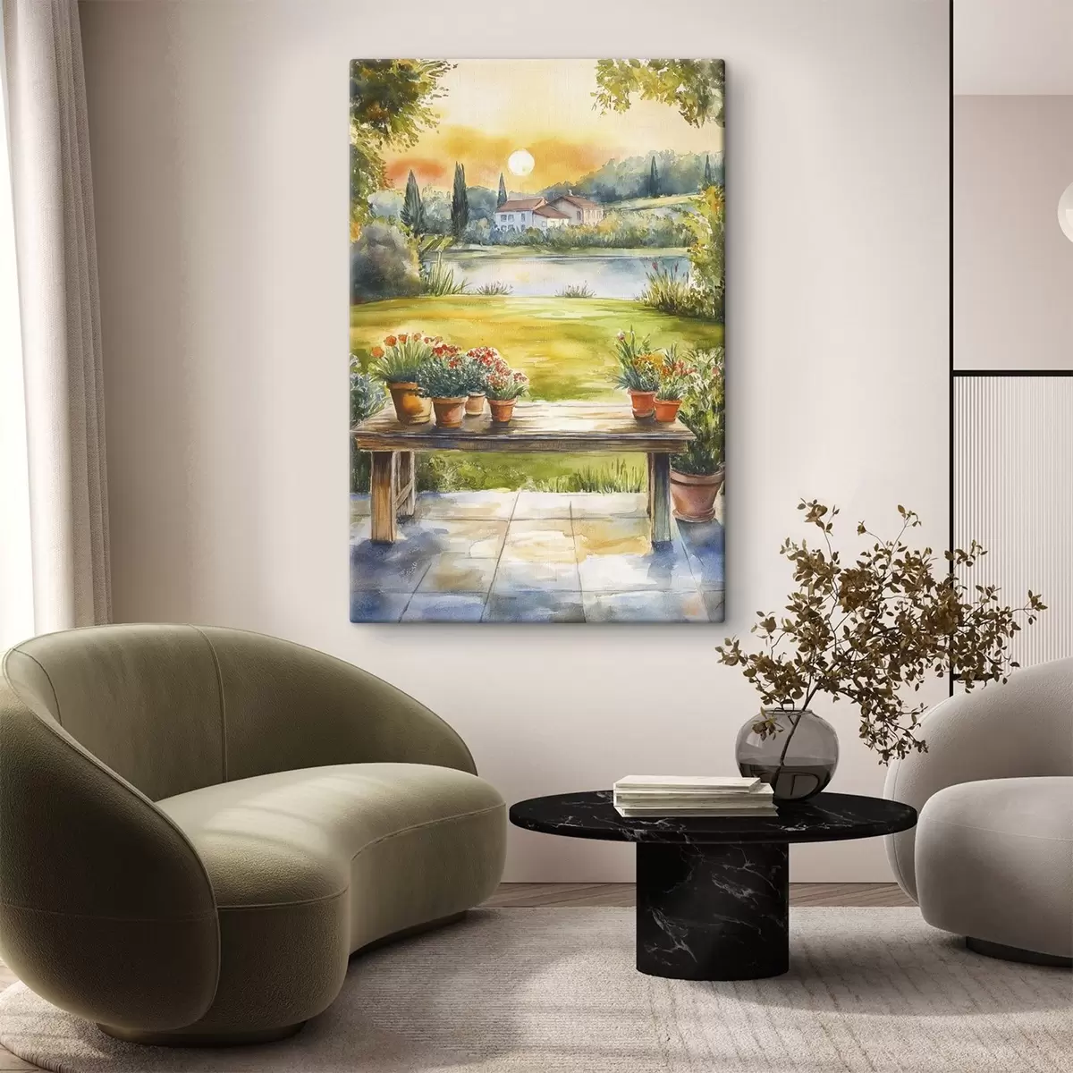 Wandbilder Dorf im Sonnenuntergang, rustikal, Sommerblumen, See, Aquarellstil s44016