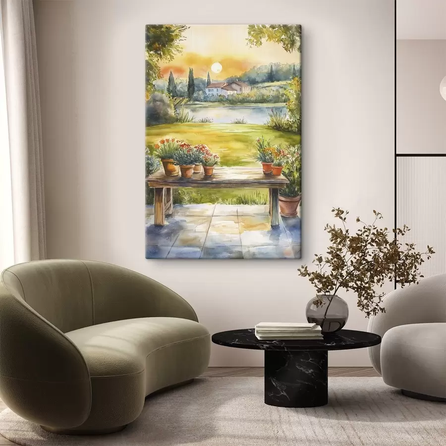 Wandbilder Dorf im Sonnenuntergang, rustikal, Sommerblumen, See, Aquarellstil s44016