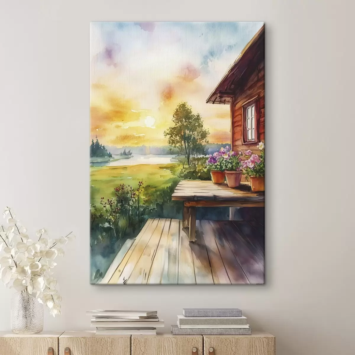Wandbilder Farben des Sonnenuntergangs, Bauernhaus, Aquarellstil, rustikal, Sommerblumen s44017