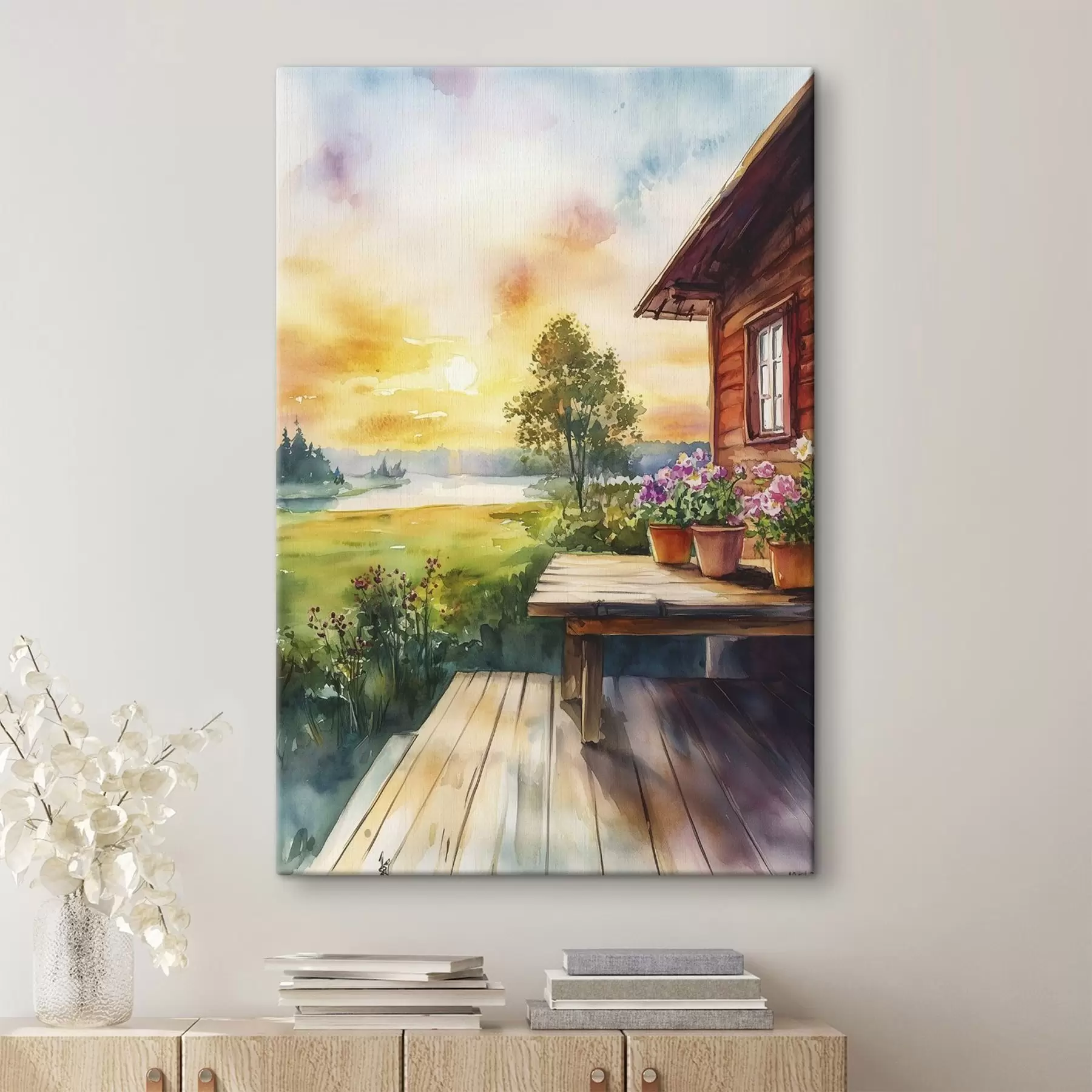 Wandbilder Farben des Sonnenuntergangs, Bauernhaus, Aquarellstil, rustikal, Sommerblumen s44017
