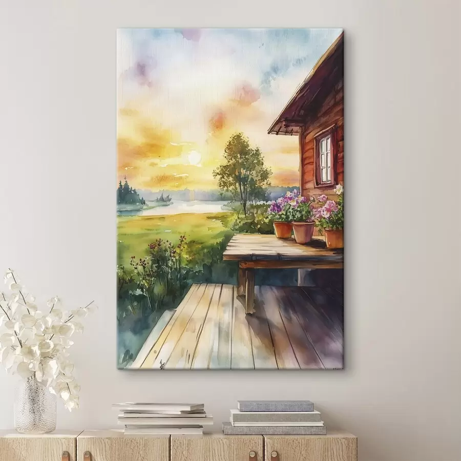 Wandbilder Farben des Sonnenuntergangs, Bauernhaus, Aquarellstil, rustikal, Sommerblumen s44017