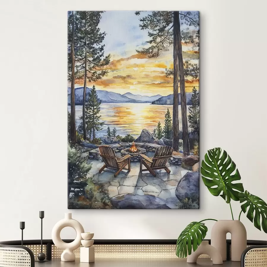 Wandbilder See mit Bergen auf den Sonnenuntergang, Reisen, gemütlichen Kamin, Aquarell s44018