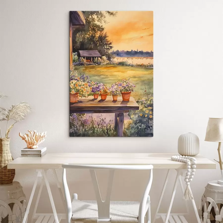 Wandbilder Blumen im Dorfgarten, Sonnenuntergang Farben, Aquarell-Stil s44019