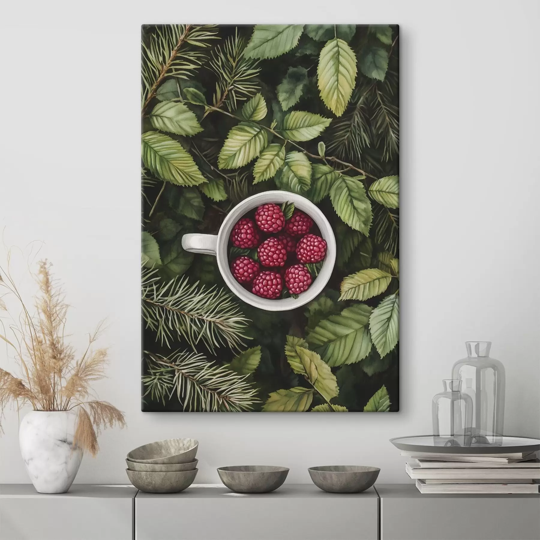 Wandbilder Schale mit Himbeeren im grünen Wald, Natur, Aquarellstil s44021