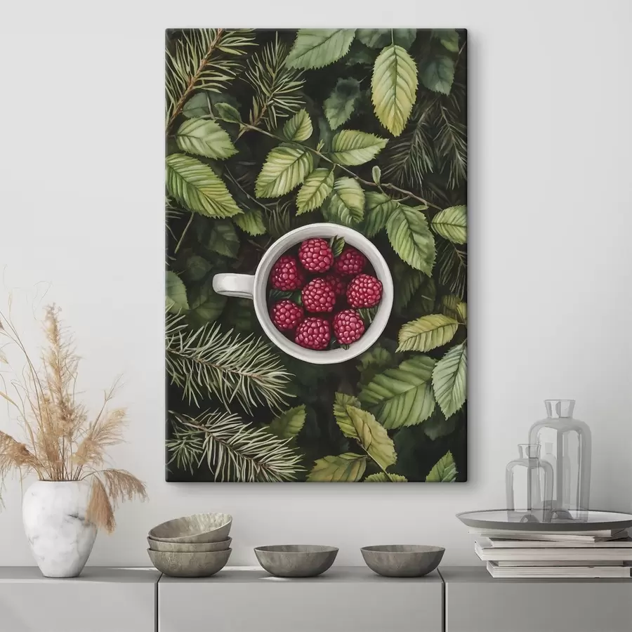 Wandbilder Schale mit Himbeeren im grünen Wald, Natur, Aquarellstil s44021