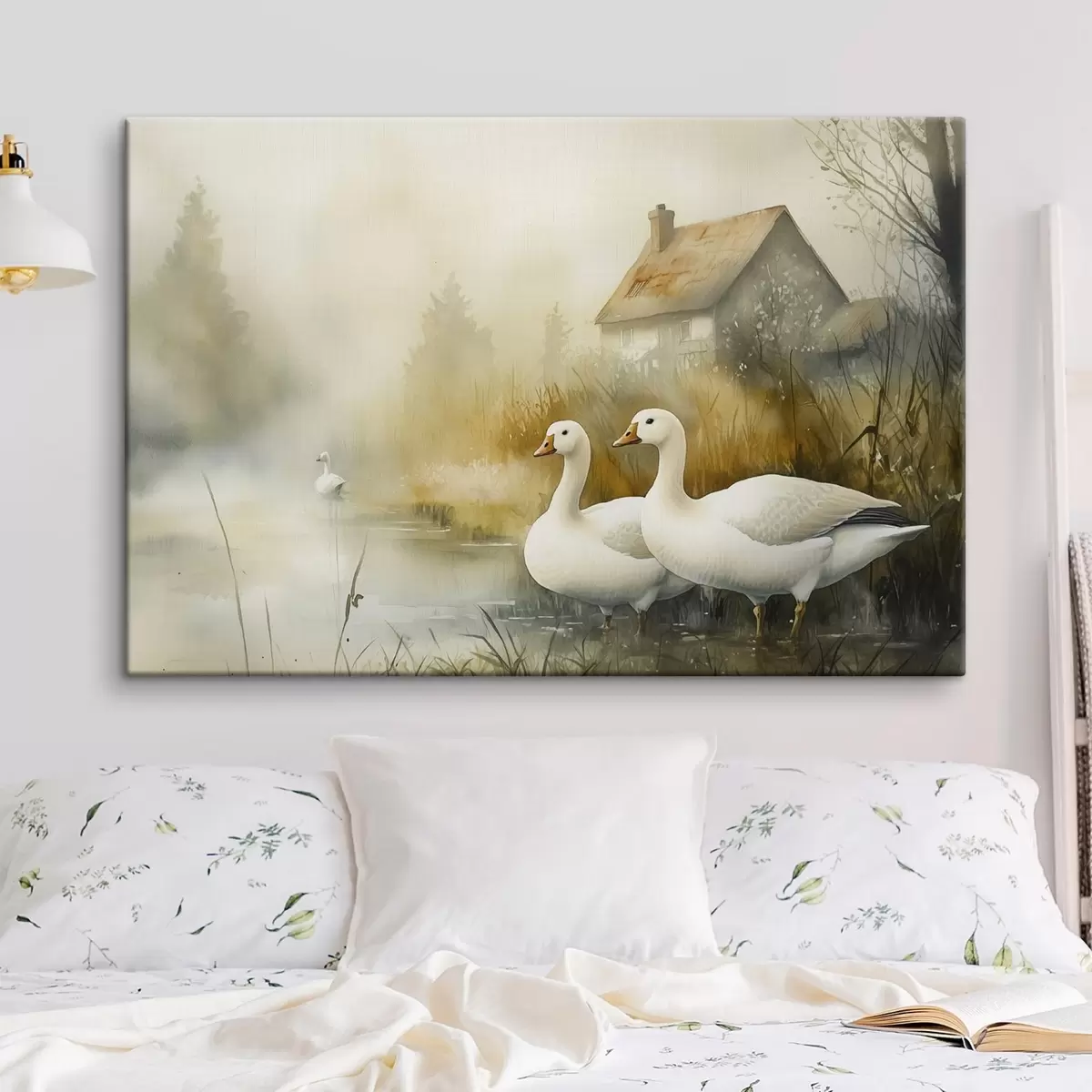 Wandbilder Gänse im See in der Nähe des Bauernhauses, rustikal, Aquarell-Stil s44022