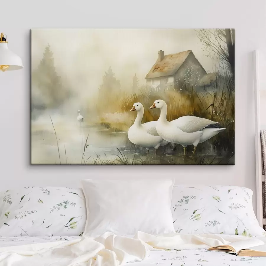 Wandbilder Gänse im See in der Nähe des Bauernhauses, rustikal, Aquarell-Stil s44022