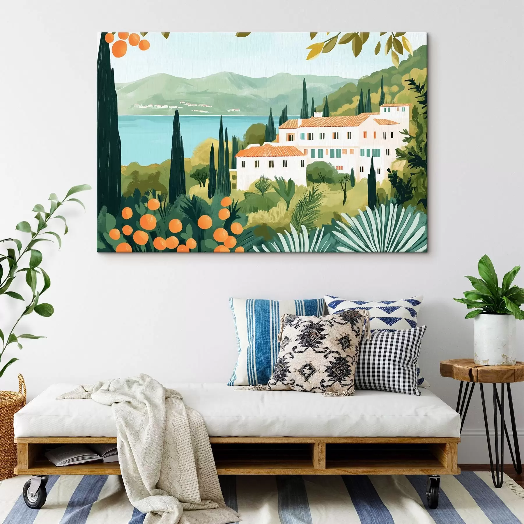 Fototapete Mediterrane Landschaften mit Orangenbäumen und Häusern, Meeresküste s44027