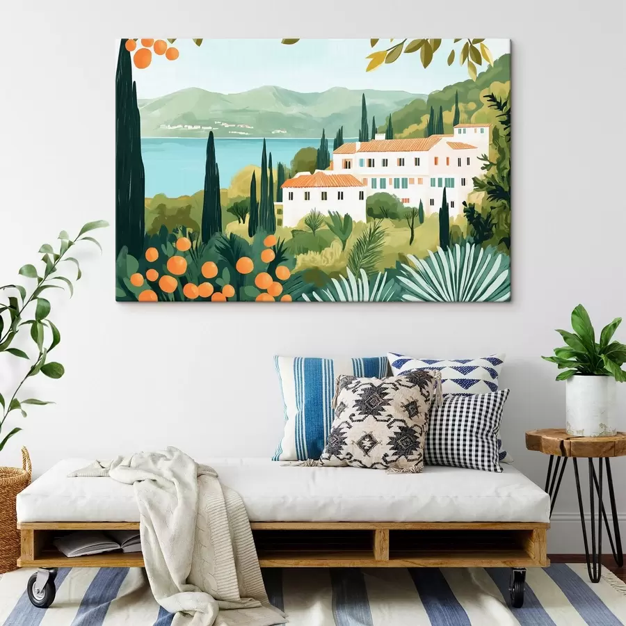 Wandbilder Mediterrane Landschaften mit Orangenbäumen und Häusern, Meeresküste s44027