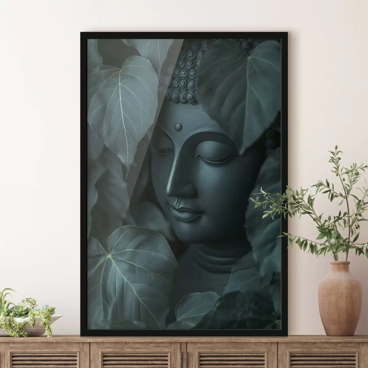 Poster Buddha in den grünen Blättern, Buddhismus, tropisch, Realismus f44004