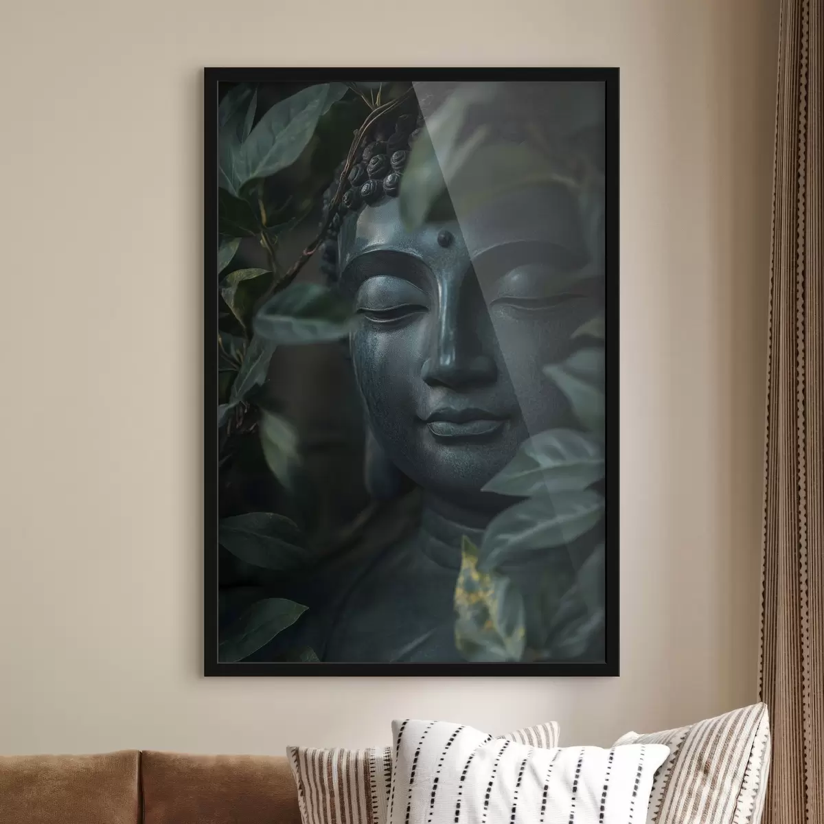 Poster Grüner Buddha in tropischen Blättern, Realismus f44005