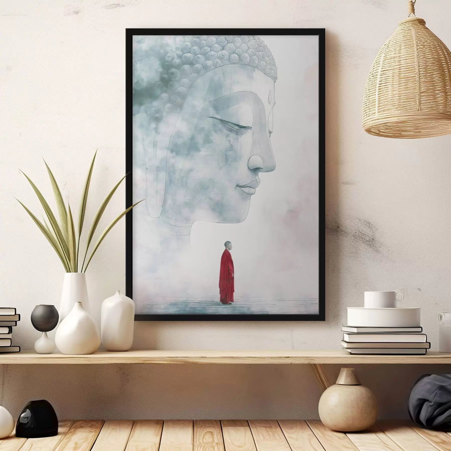 Wandbilder Buddhistischer Mönch in roter Robe, Buddha-Silhouette, Aquarellstil f44006
