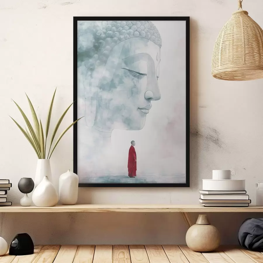 Fototapete Buddhistischer Mönch in roter Robe, Buddha-Silhouette, Aquarellstil f44006