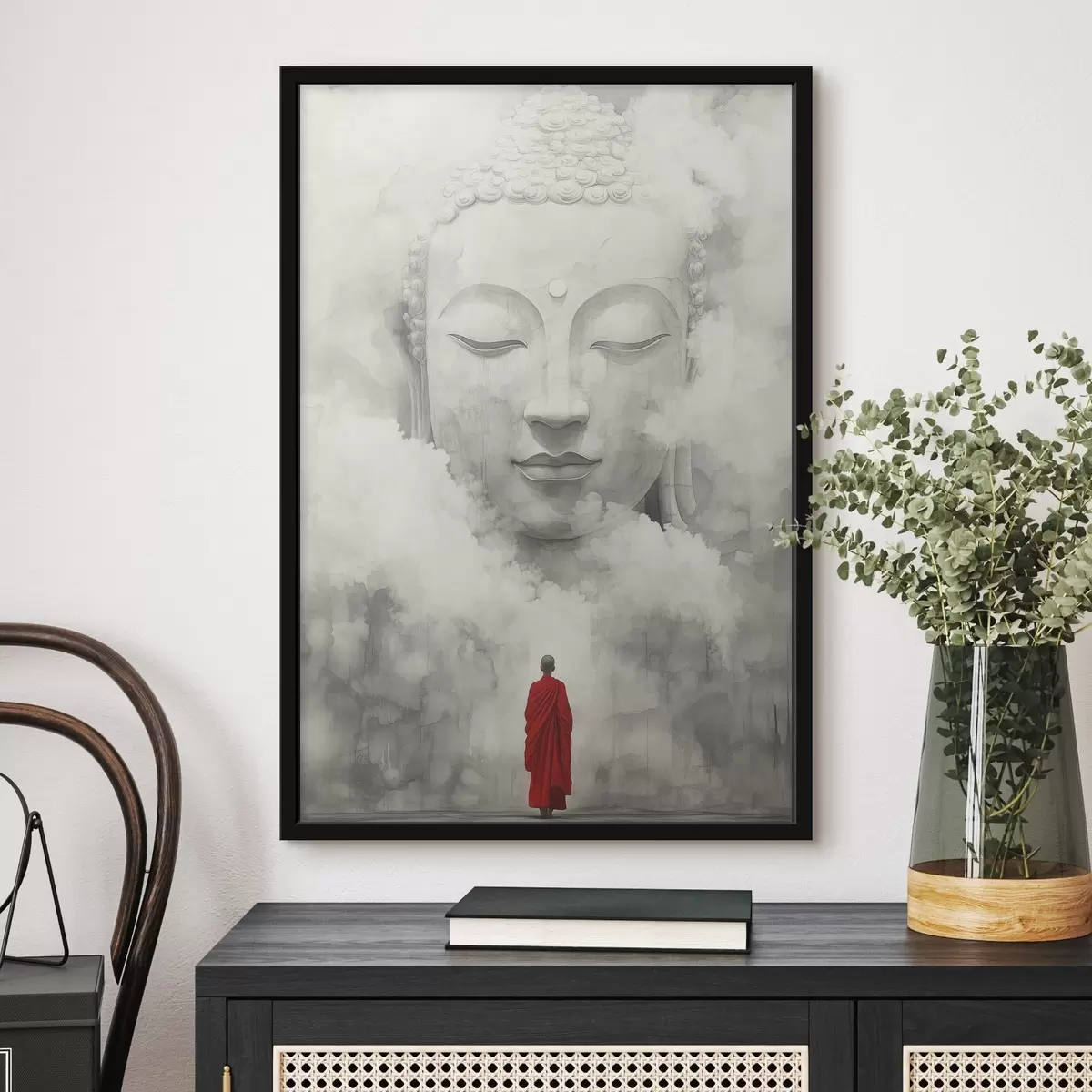 Poster Buddhismus, Mönch in der roten Robe, Nebel, Aquarellstil f44007